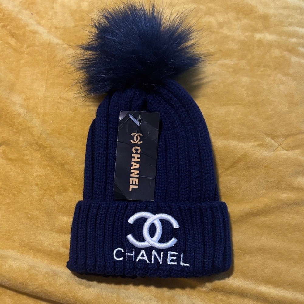 CHANEL Dark Blue Knit Beanie with Pom Pom